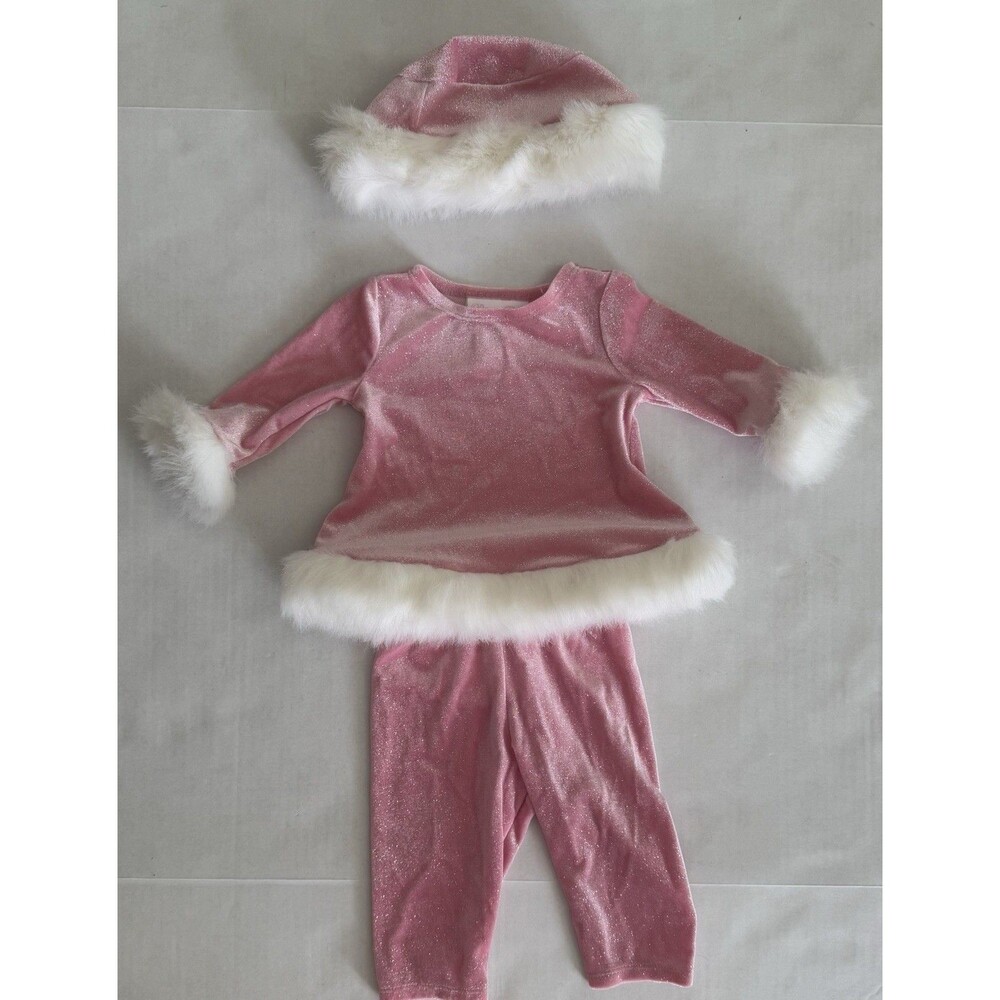 Bonnie Jean Baby Girls Pink Fur Trim Set Hat Top Pants 3-6 mo Valentines